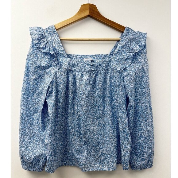 J.CREW Tops - J.Crew Blue Cotton Floral Squareneck Ruffle Top peasant Cottage Core Cottagecore